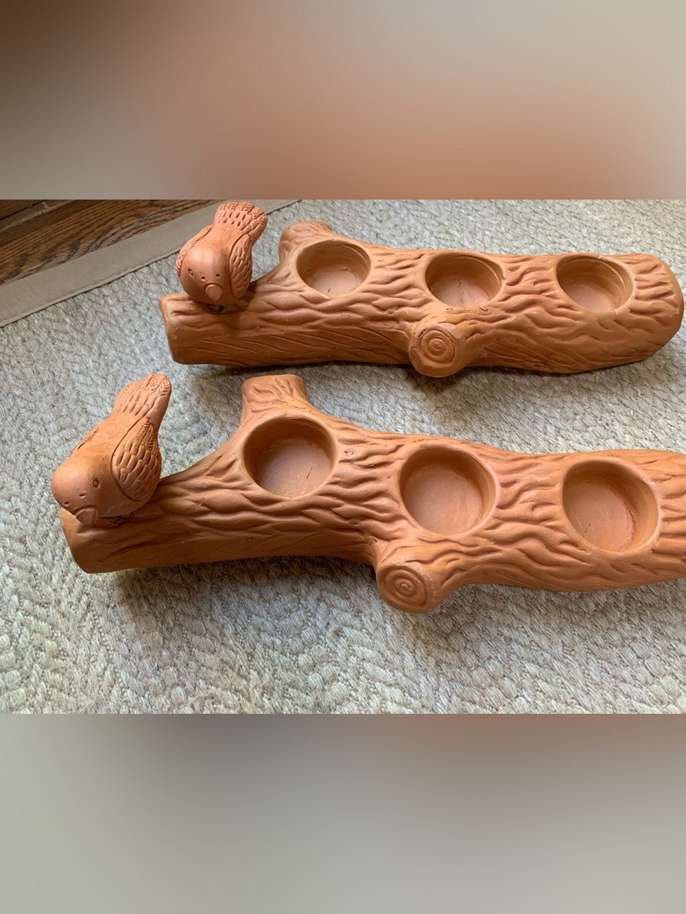 Vintage Terracotta Bird Log Tealight Holders - Pair
